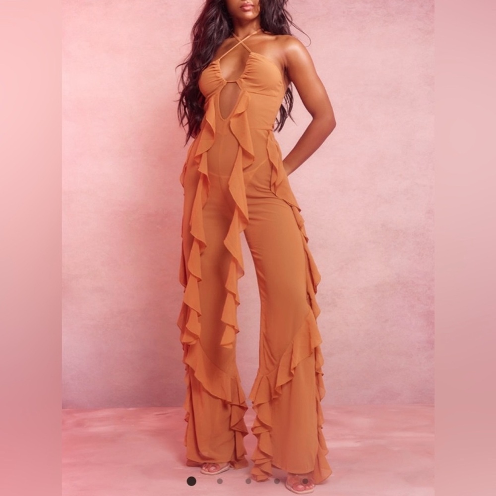 Tobacco Halterneck Ruffle Wide Leg Jumpsuit
